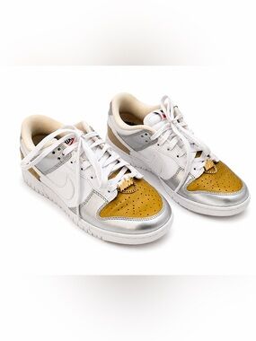 Nike Dunk Low White Silver Mustard Toe with Gold Chain
